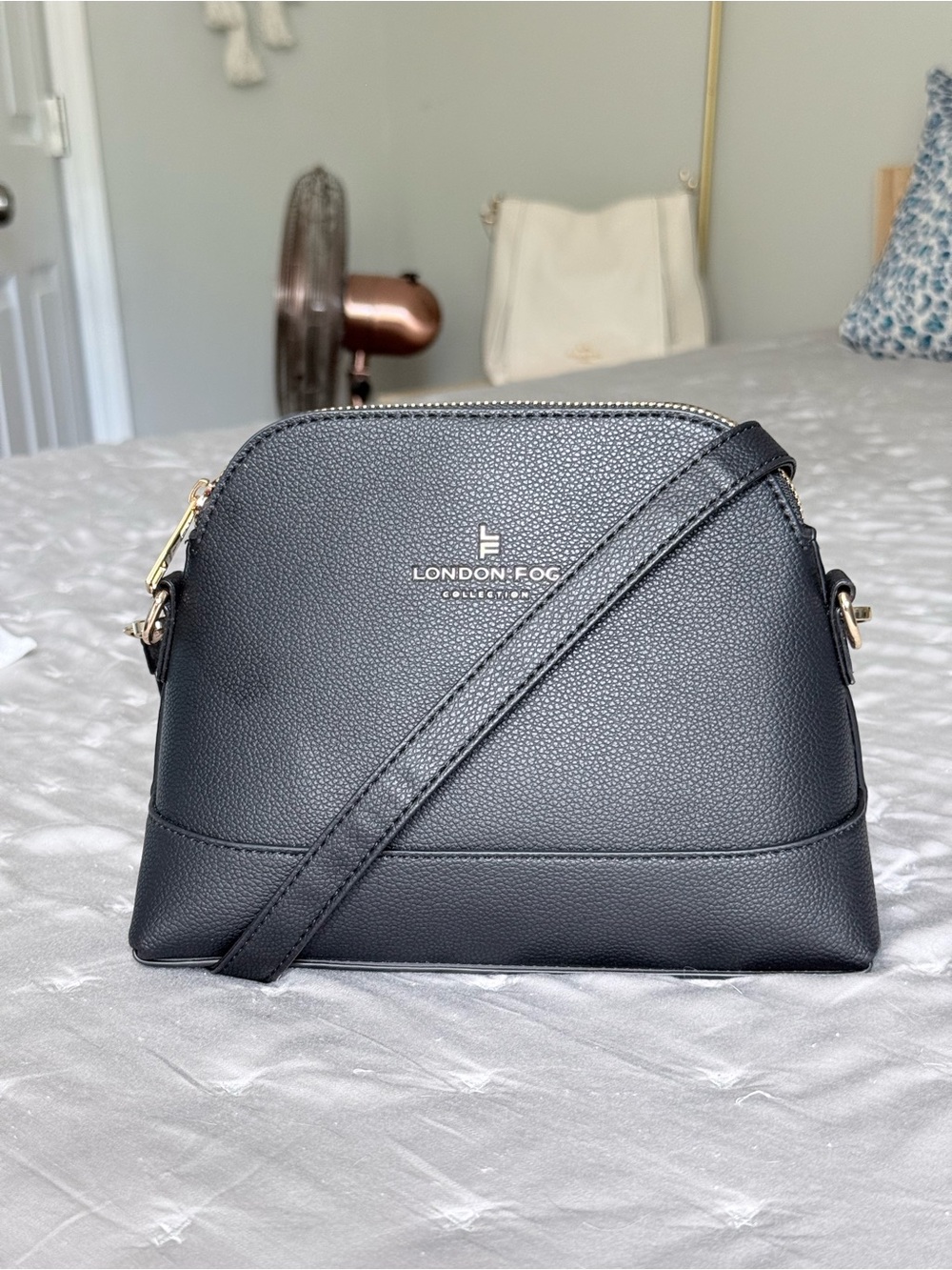 London Fog Black and Gold Pebble-Textured Dome Black Crossbody